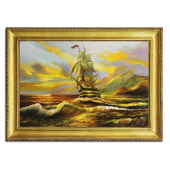 Obraz 75x105cm O ZACHODZIE SŁOŃCA ręcznie malowany na płótnie, oprawiony w złotą ozdobną ramę