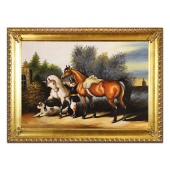 Obraz 75x105cm PEJZAŻ Z KONIAMI ręcznie malowany na płótnie, oprawiony w złotą ozdobną ramę